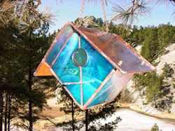 Iridescent Sky Blue Stained Glass Bird House